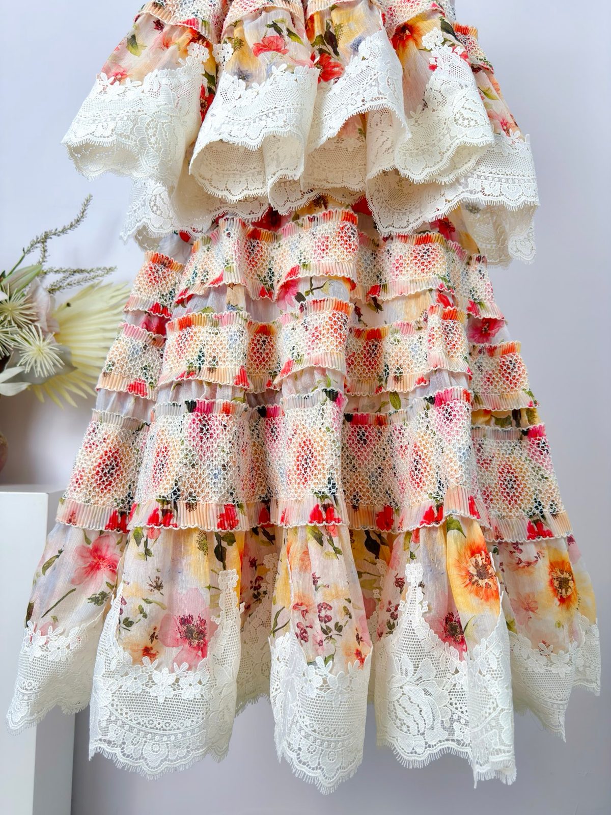 Floral Lace Tiered Ruffle Midi Dress