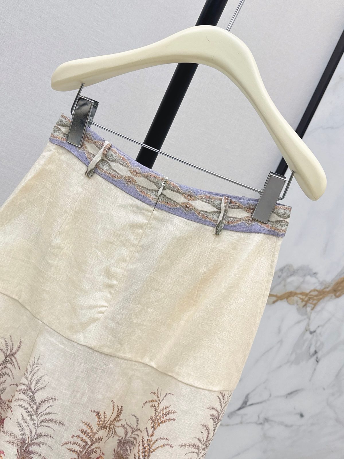 Cream Linen Embroidered Midi Skirt