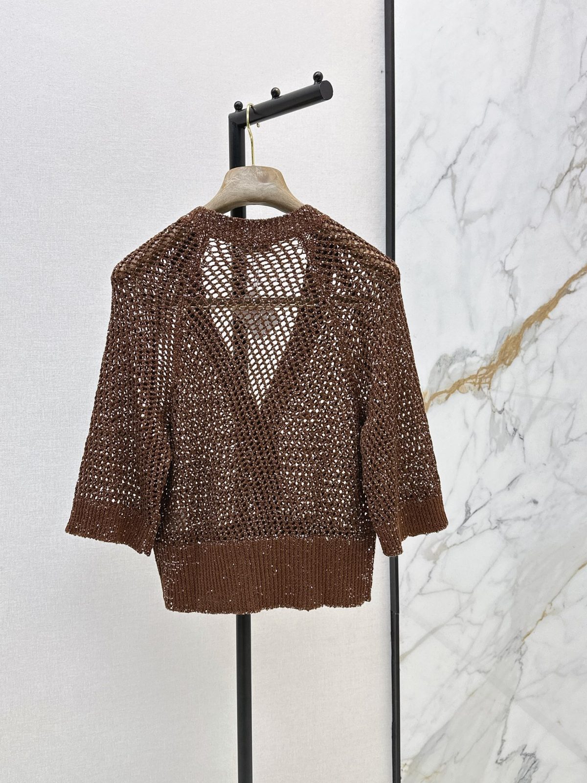 Brown Open Knit Cardigan Sweater