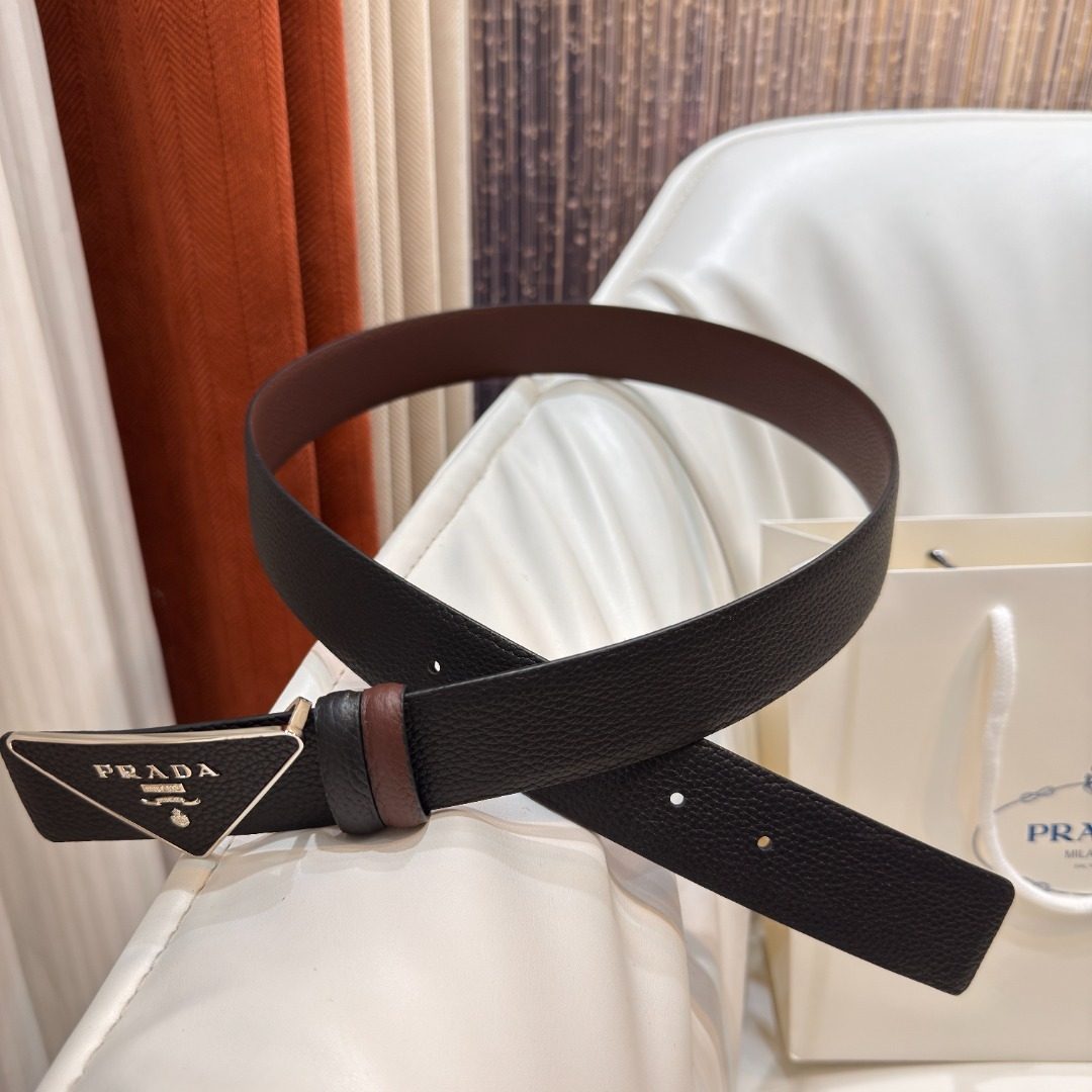 Prada Black Leather Triangle Logo Belt