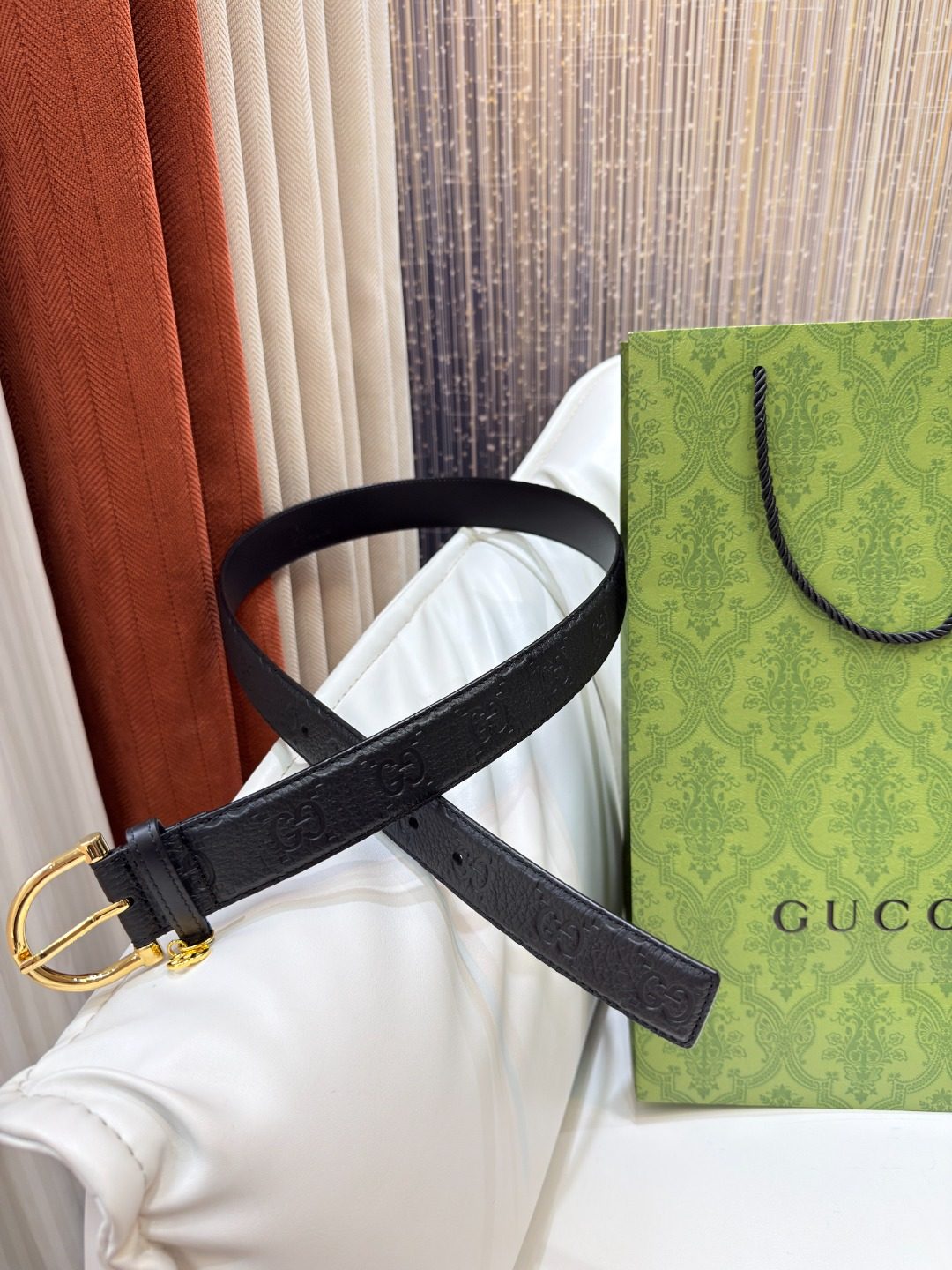 Gucci GG Embossed Black Leather Belt