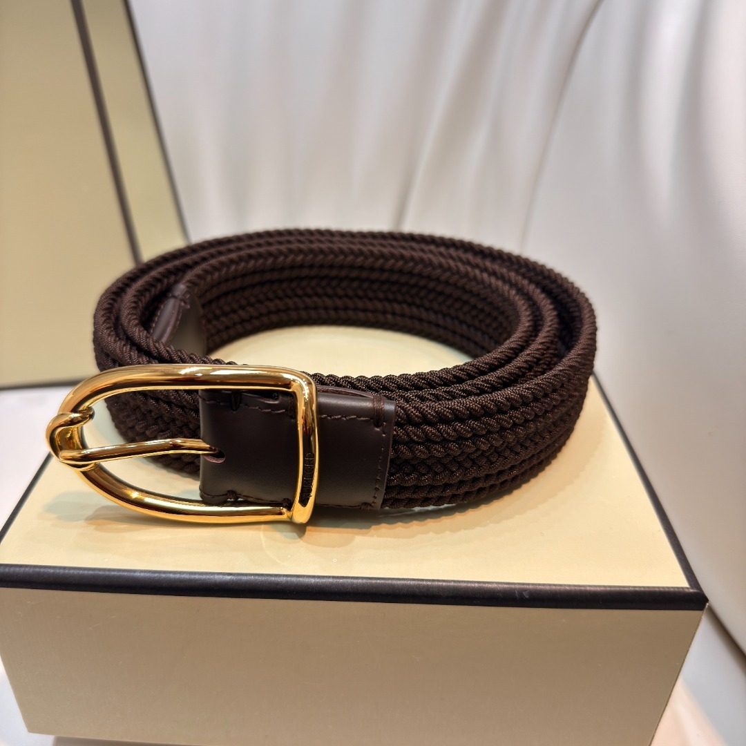 Tom Ford Woven Leather Belt with Gold Buckle