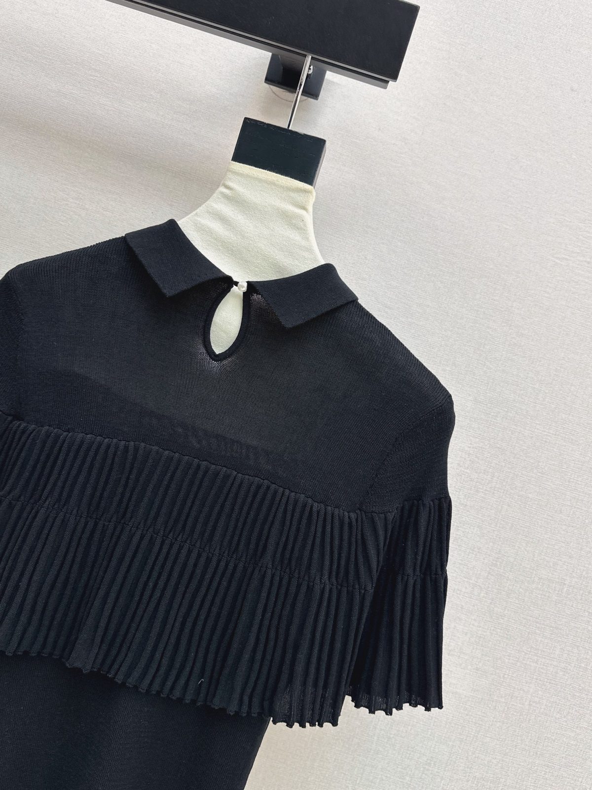 Black Knit Polo Shirt with Pleated Cape Detail