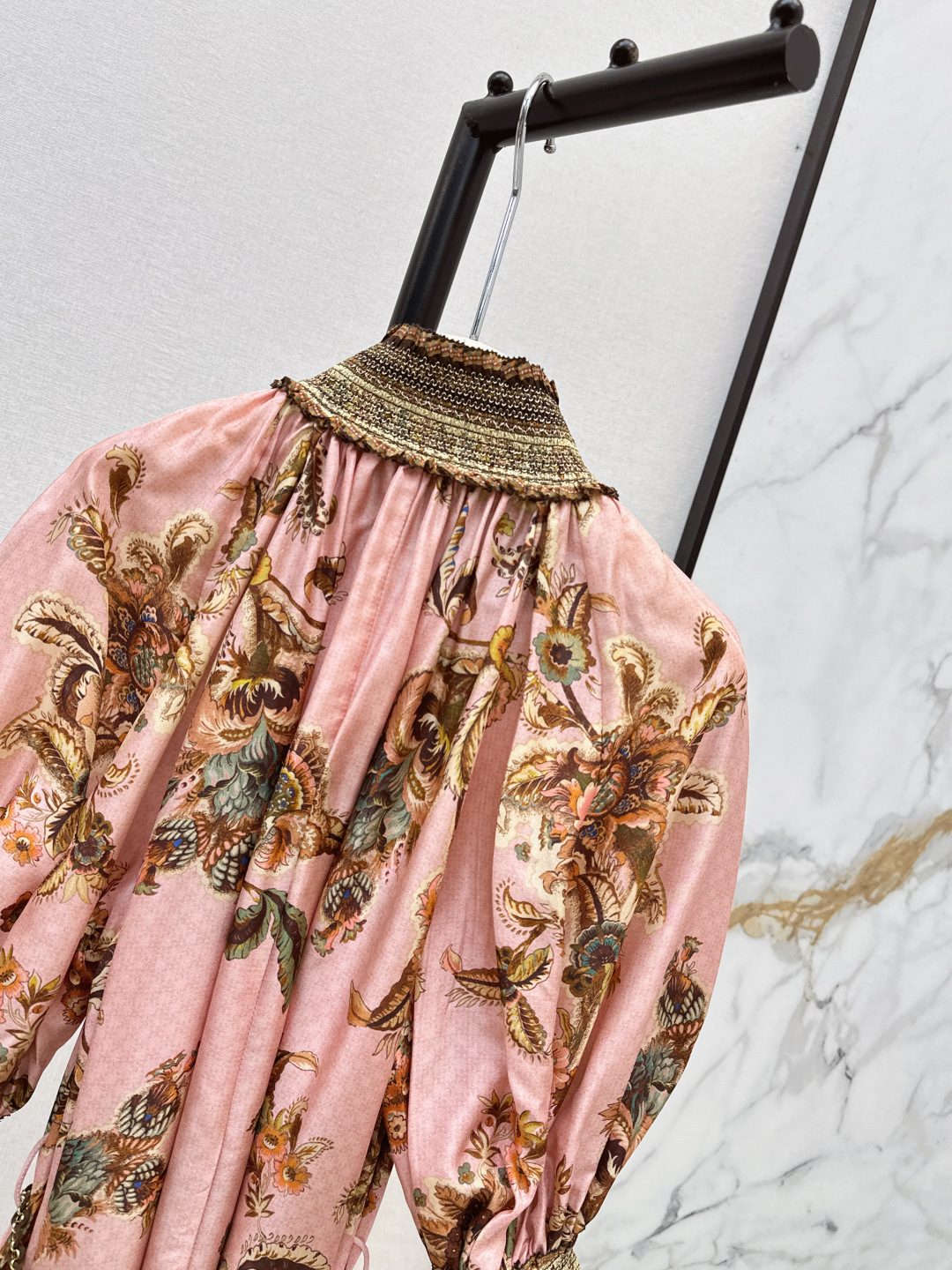 Floral Print Silk Robe with Gold Embroidery