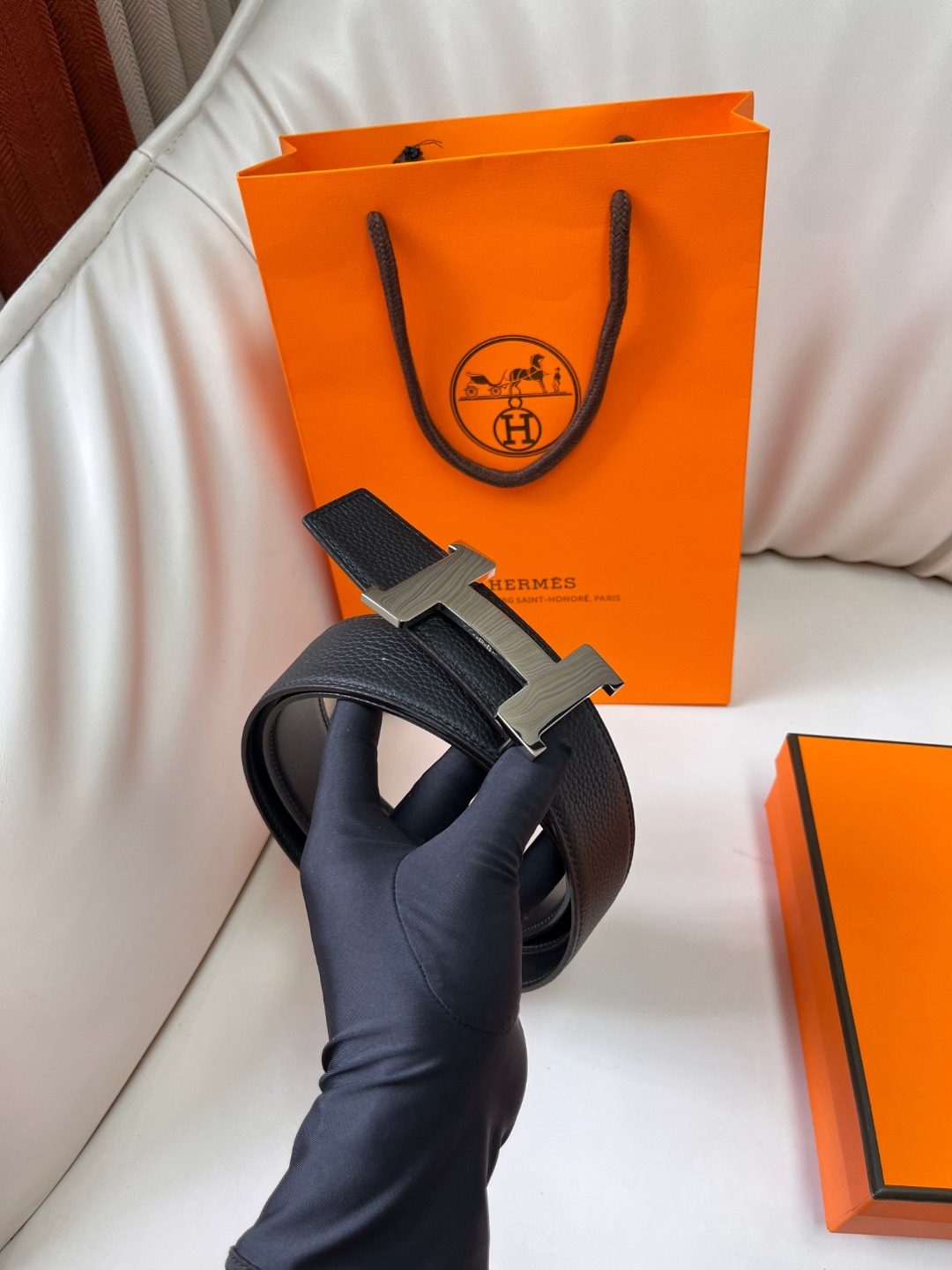 Hermès H Buckle Leather Belt Black