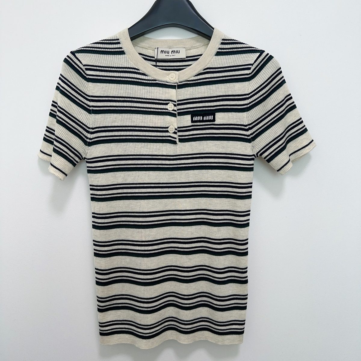 Miu Miu Striped Ribbed Knit T-Shirt
