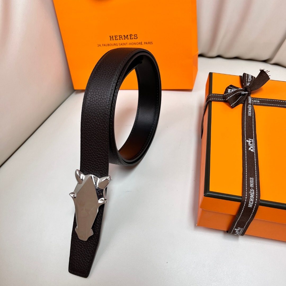 Hermès Black Leather Belt with Silver Buckle