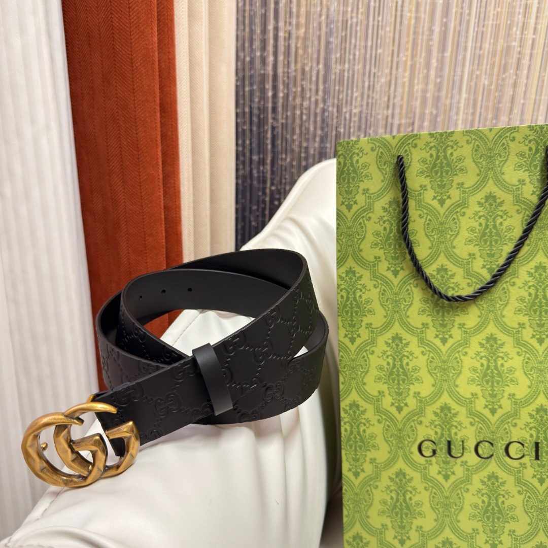 Gucci GG Embossed Leather Belt with Gold Buckle