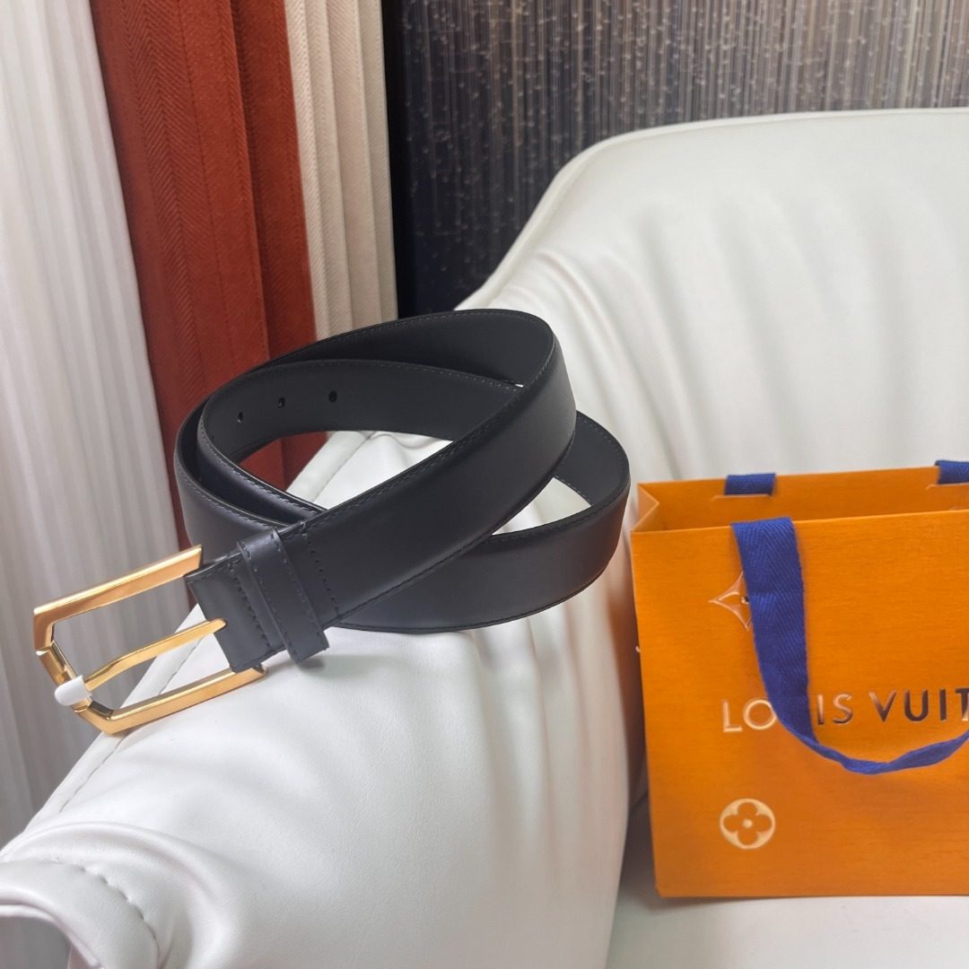 Louis Vuitton Black Leather Belt with Gold Buckle