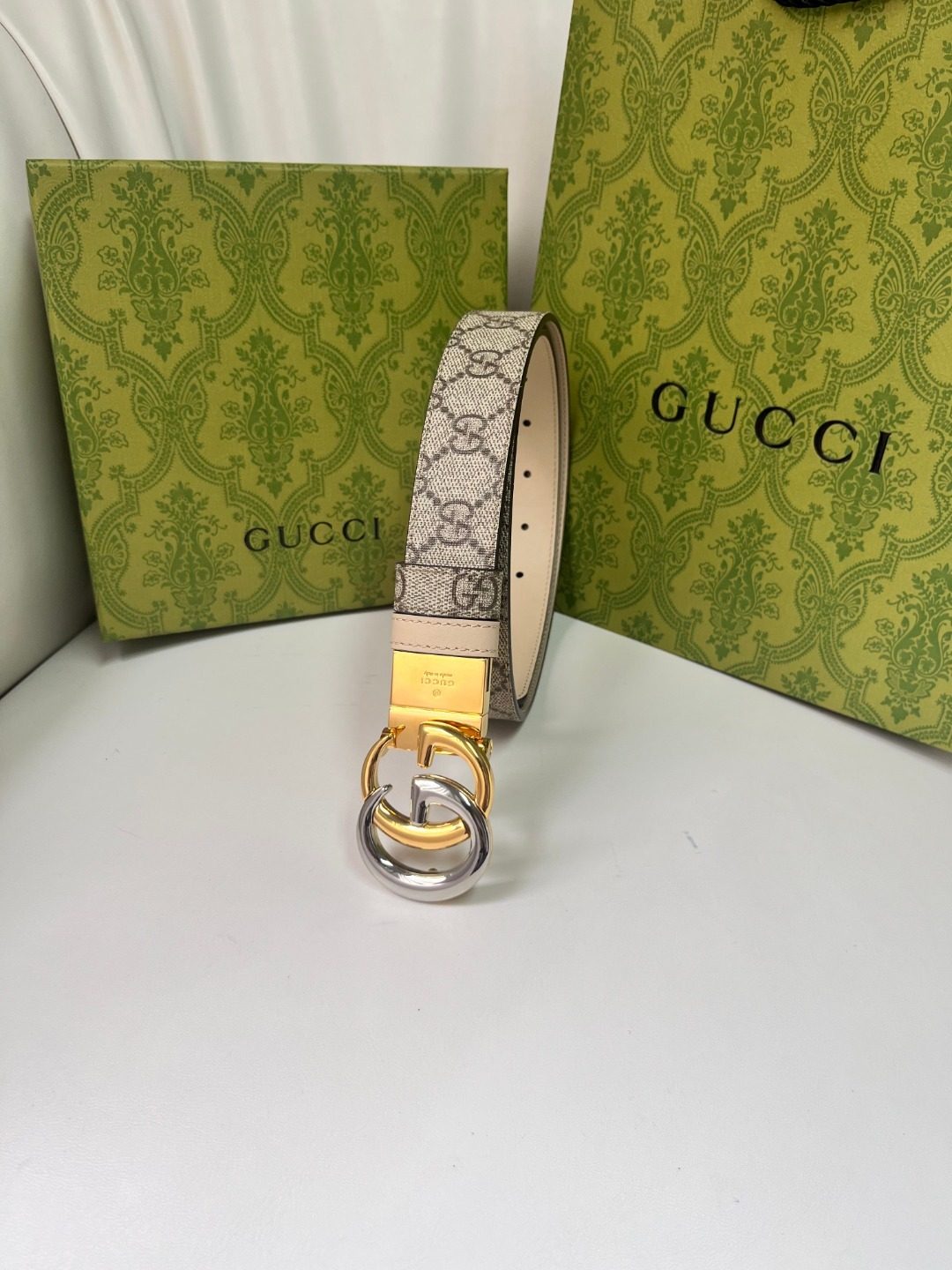 Gucci GG Canvas Leather Belt with Double Ring Buckle