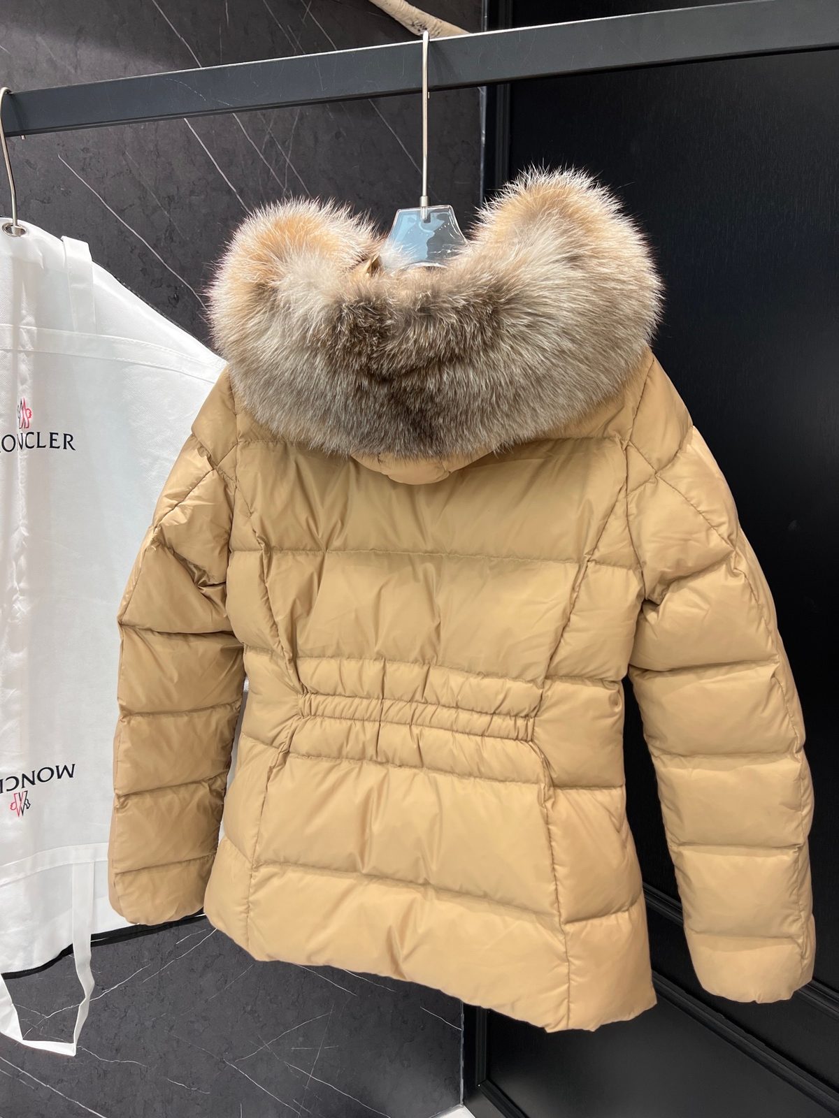 Moncler Fur-Trimmed Puffer Jacket Beige