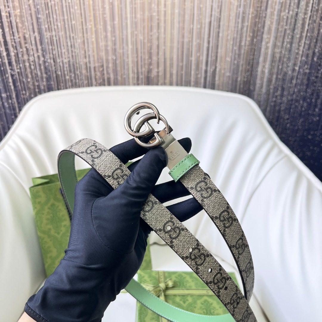 Gucci GG Monogram Canvas Belt with Green Leather Trim