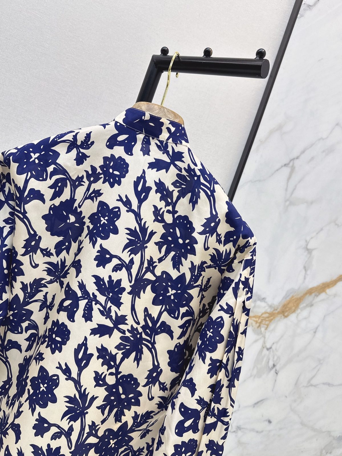 Navy Floral Print Cotton Button-Up Shirt
