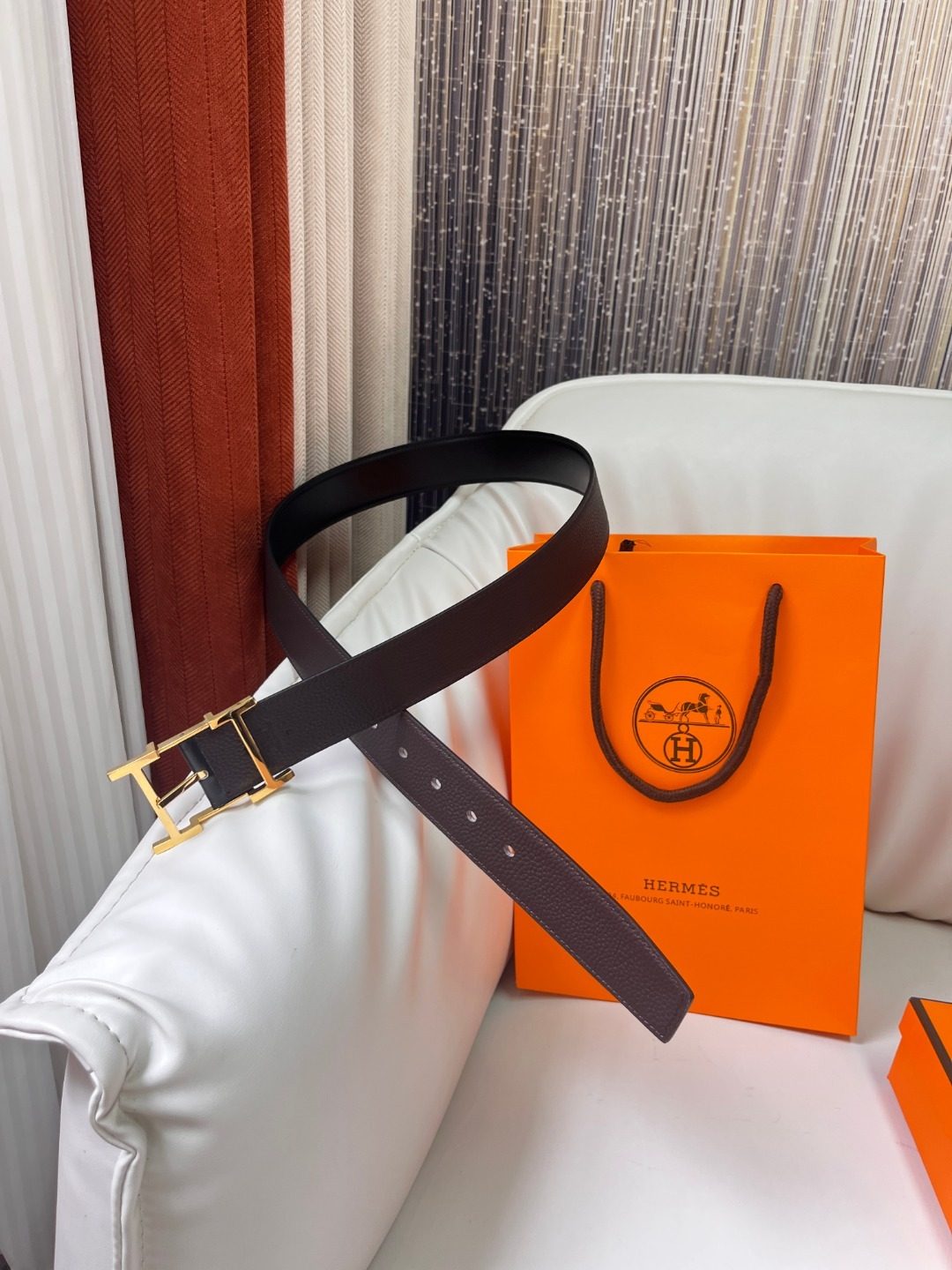 Hermès Reversible Leather Belt with Gold Buckle