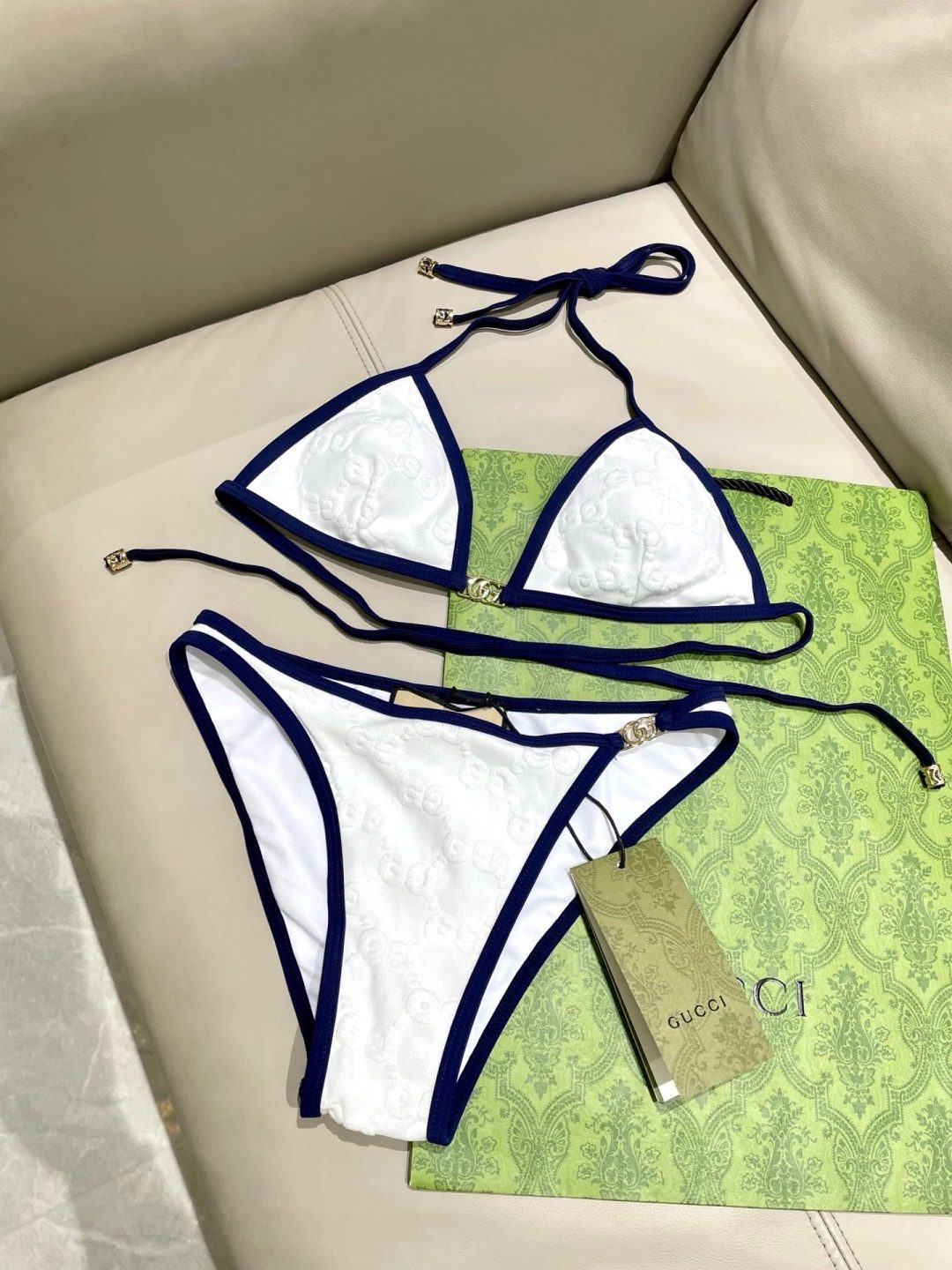 Gucci Navy and White Triangle Bikini Set