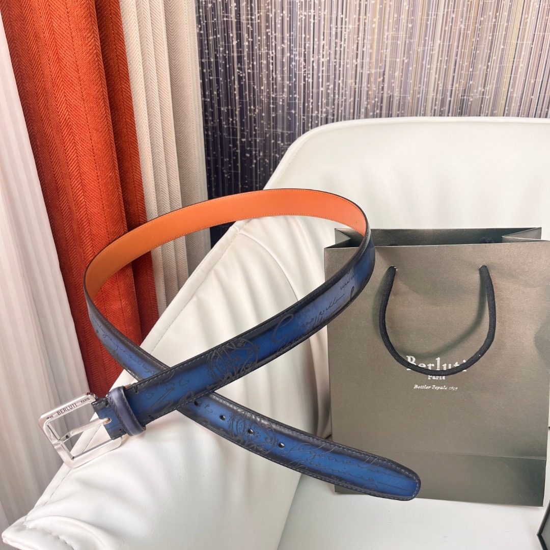 Berluti Reversible Leather Belt Blue Orange
