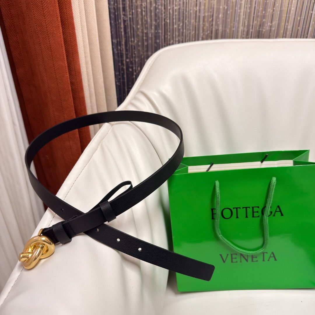 Bottega Veneta Black Leather Belt with Gold Buckle