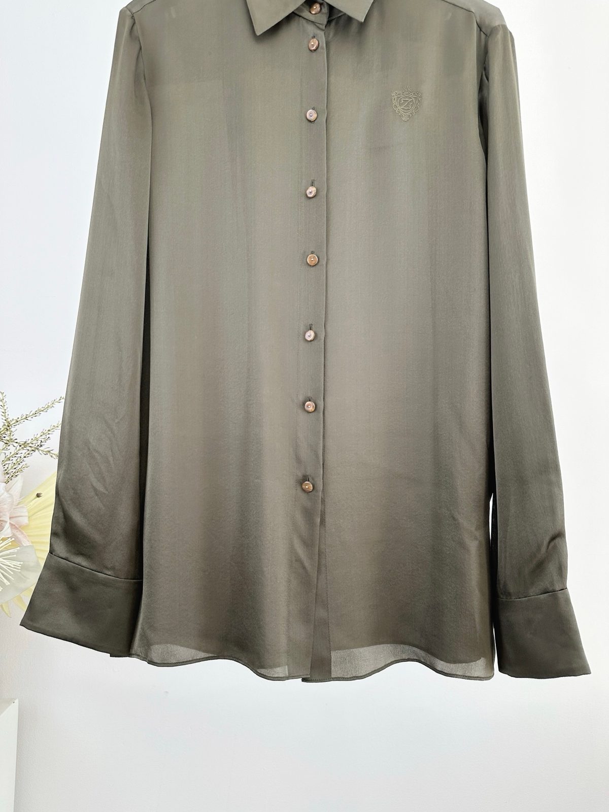 Luxury Taupe Button-Front Shirt with Monogram
