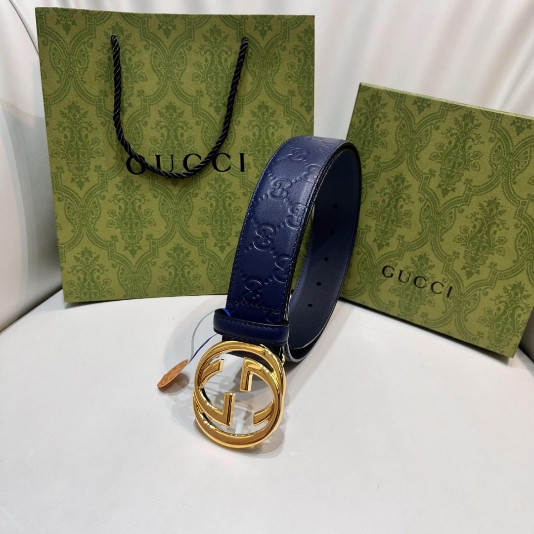 Gucci GG Embossed Navy Leather Belt