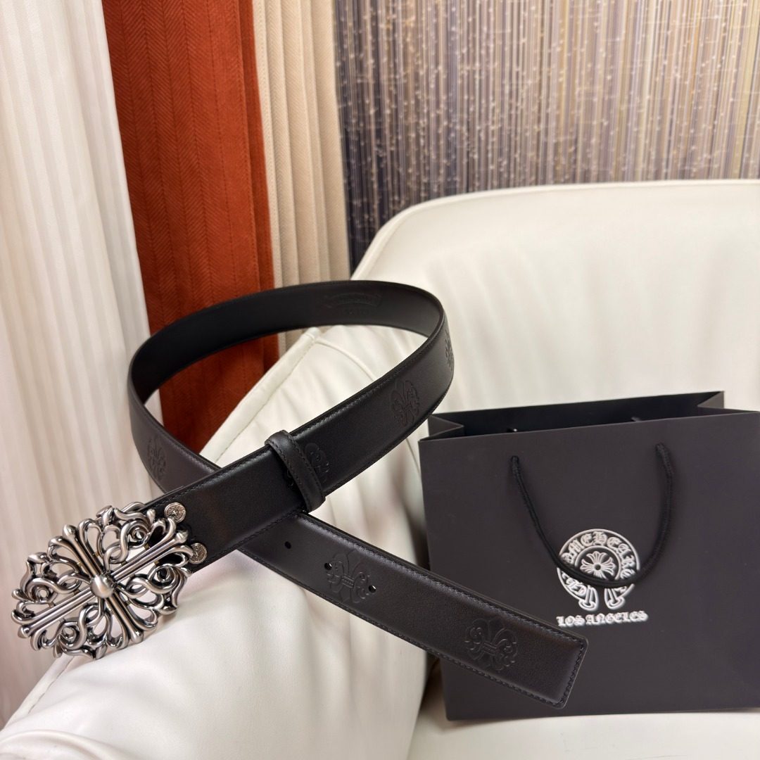 Chrome Hearts Ornamental Silver Buckle Leather Belt