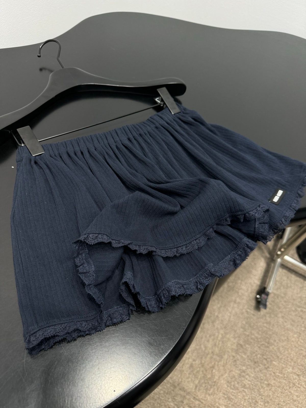 Navy Pleated Shorts with Lace Trim