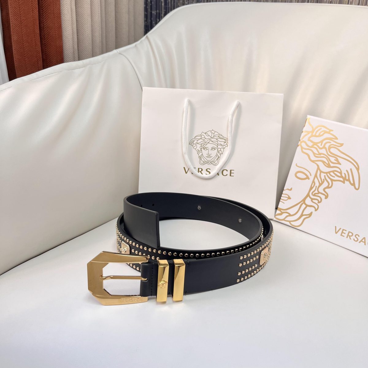 Versace Studded Leather Belt with Gold Hardware