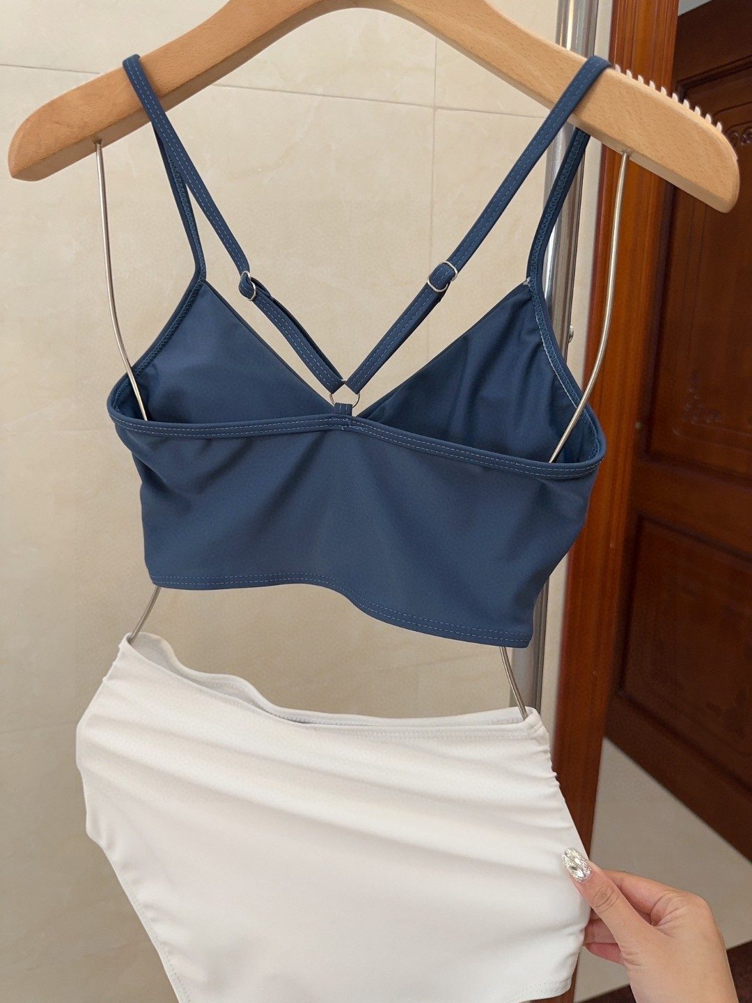 Balenciaga Navy Crop Top and White Ruched Bikini Set
