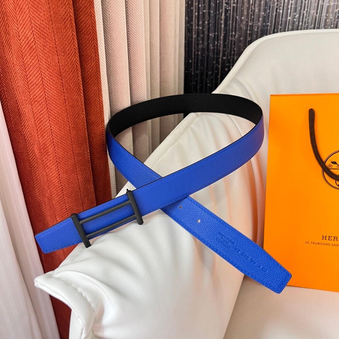 Hermès H-Buckle Blue Epsom Leather Belt