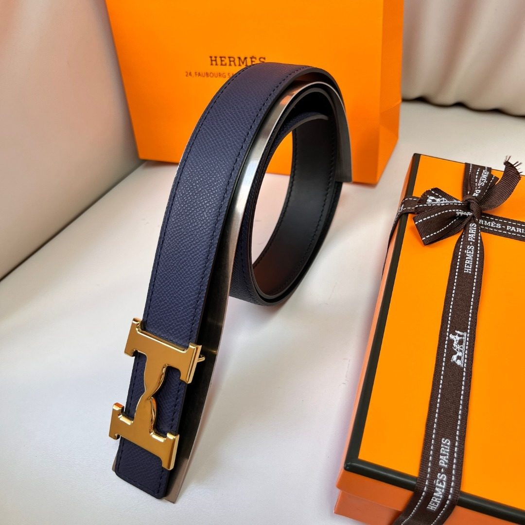 Hermès Constance H Reversible Leather Belt, Navy/Black, Gold Buckle