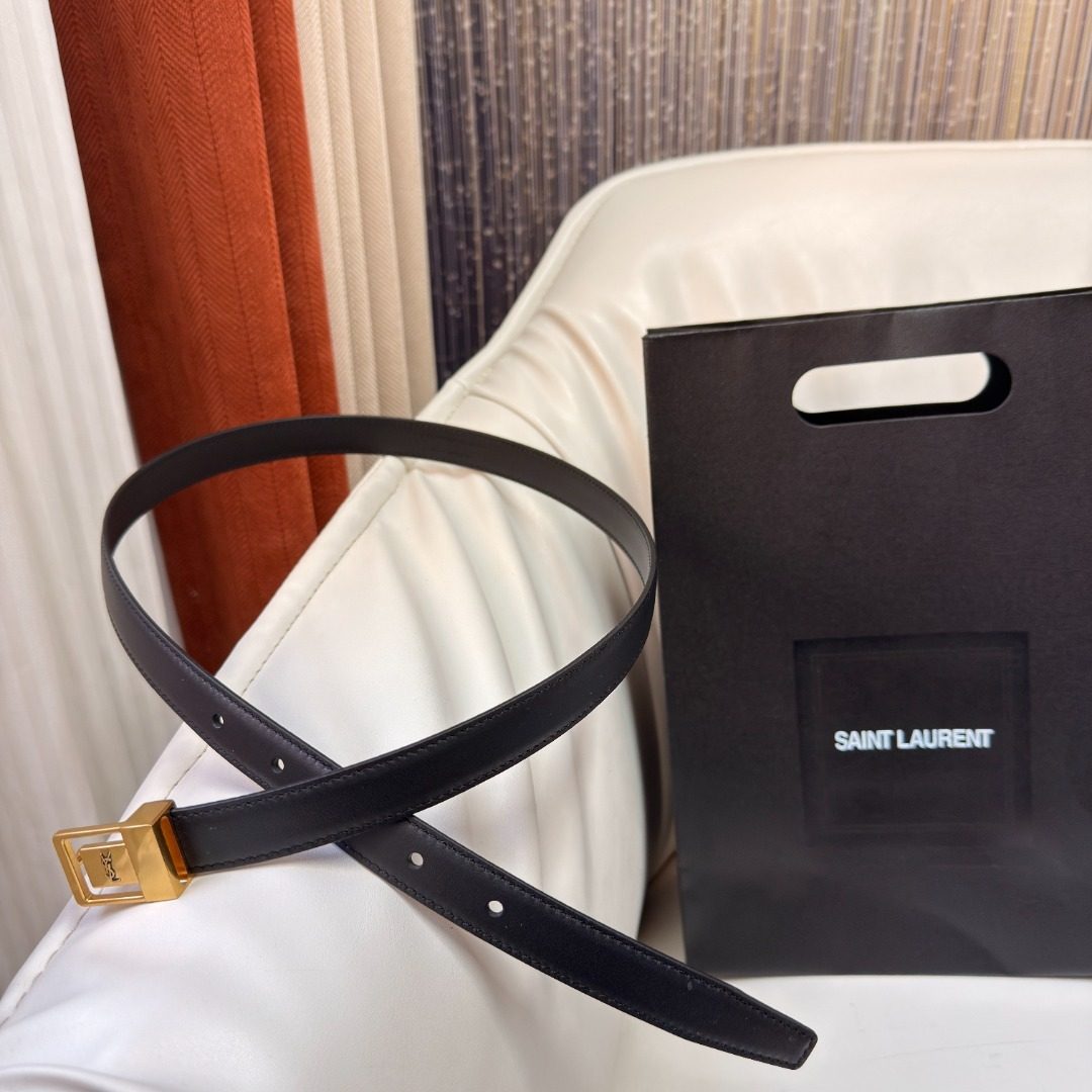 Saint Laurent Black Leather Belt with Gold Buckle