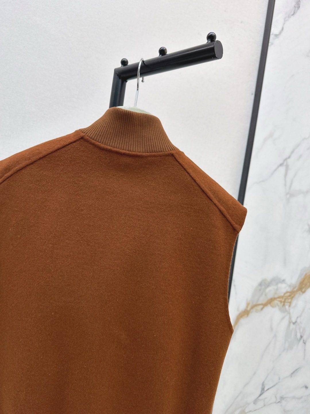 Camel Wool Knit Vest with Ribbed Collar