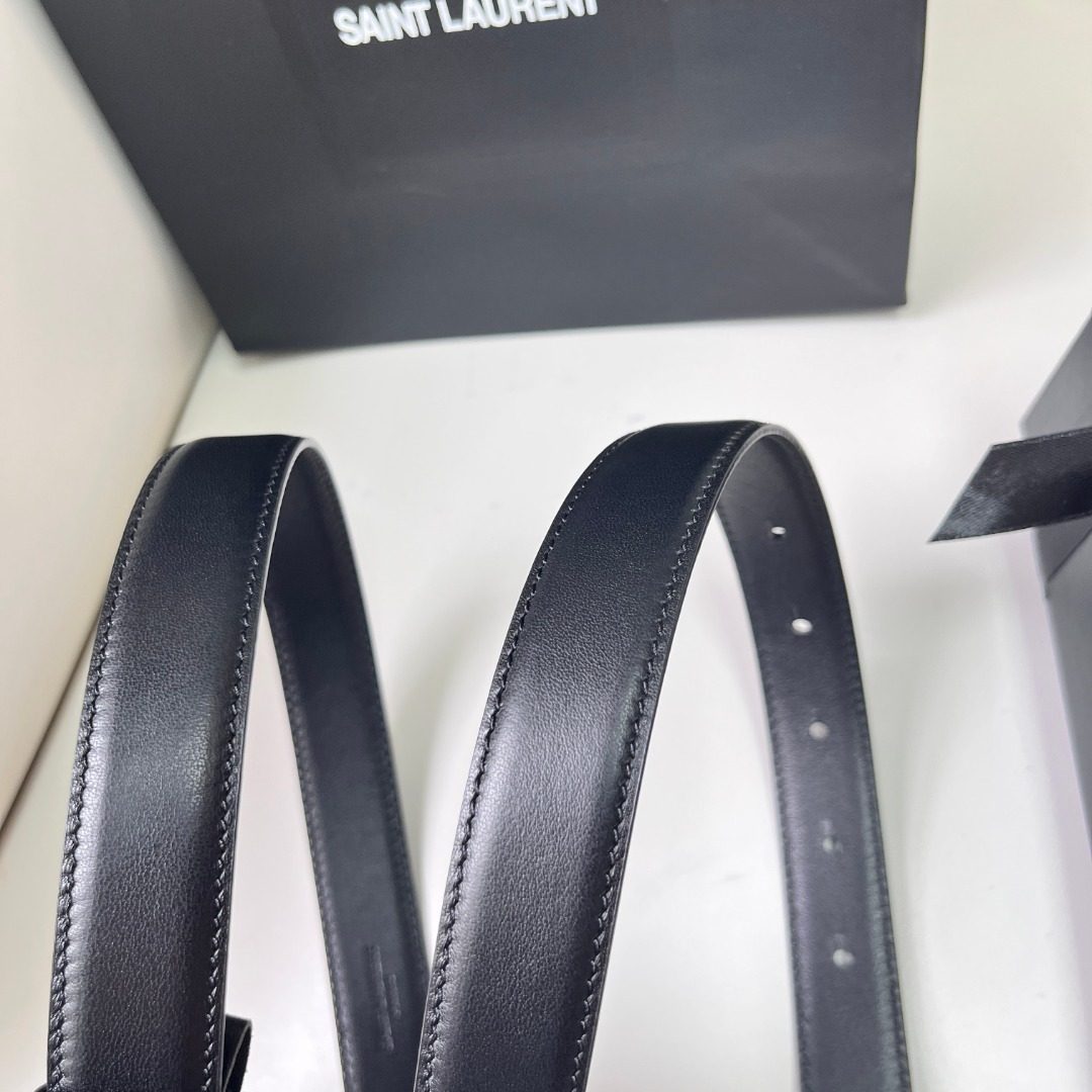 Saint Laurent Black Leather Belt with Silver Buckle