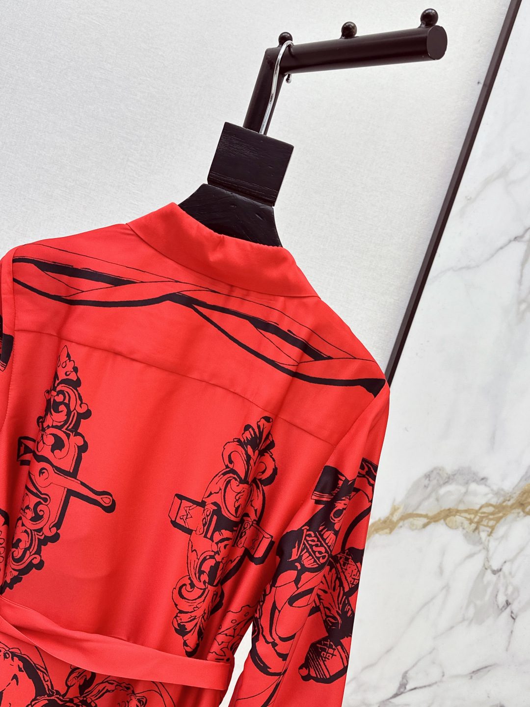 Red Silk Printed Shirt Dress with Belt
