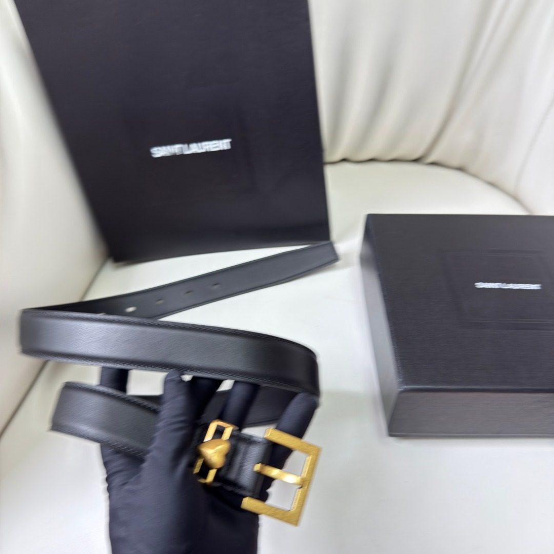 Saint Laurent Black Leather Belt with Gold Buckle