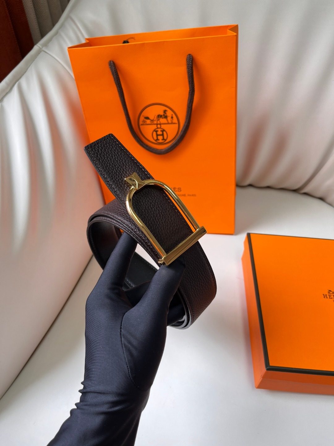 Hermès Reversible Leather Belt with Gold Buckle