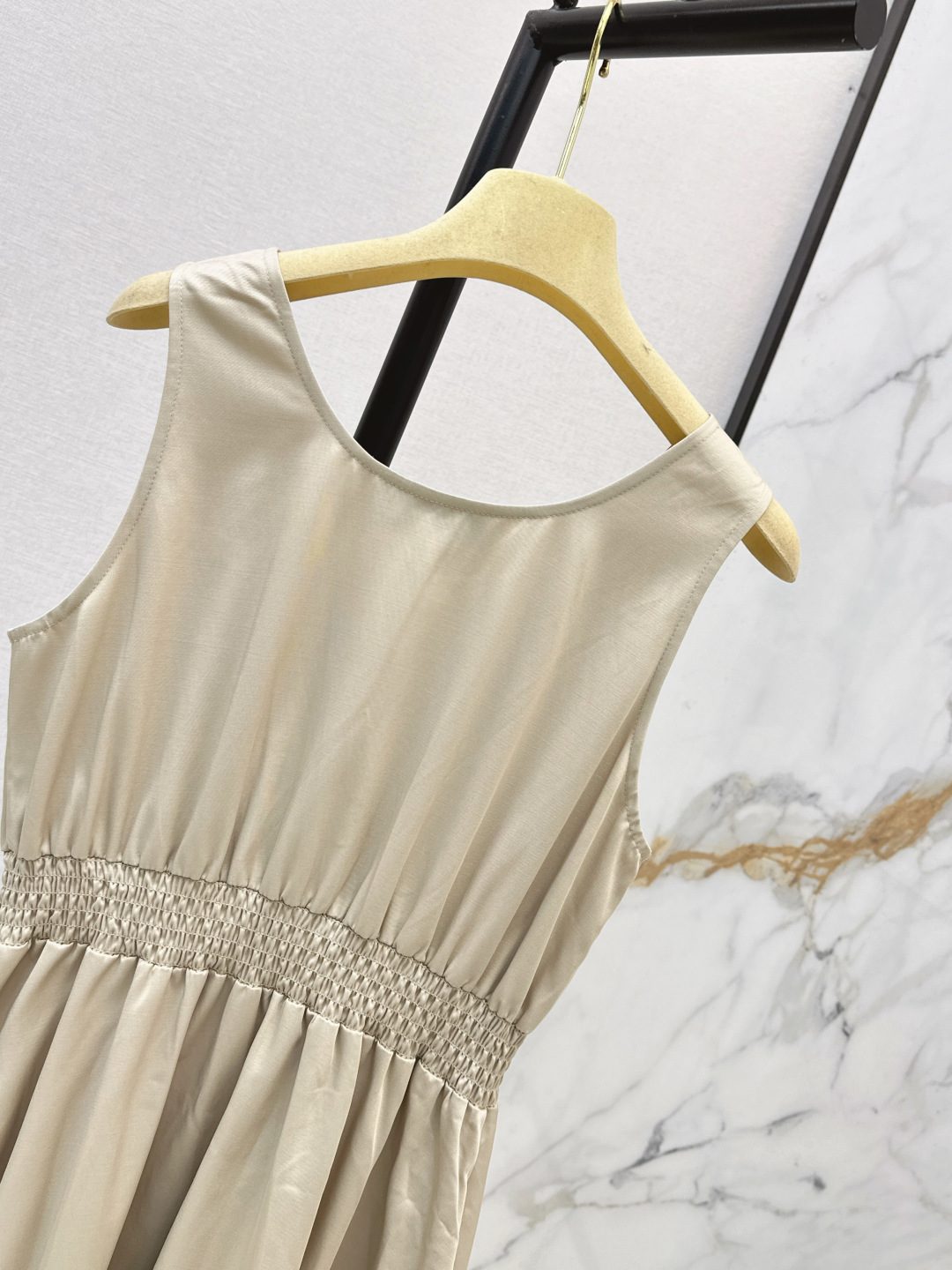 Cream Sleeveless Midi Dress with Smocked Waist