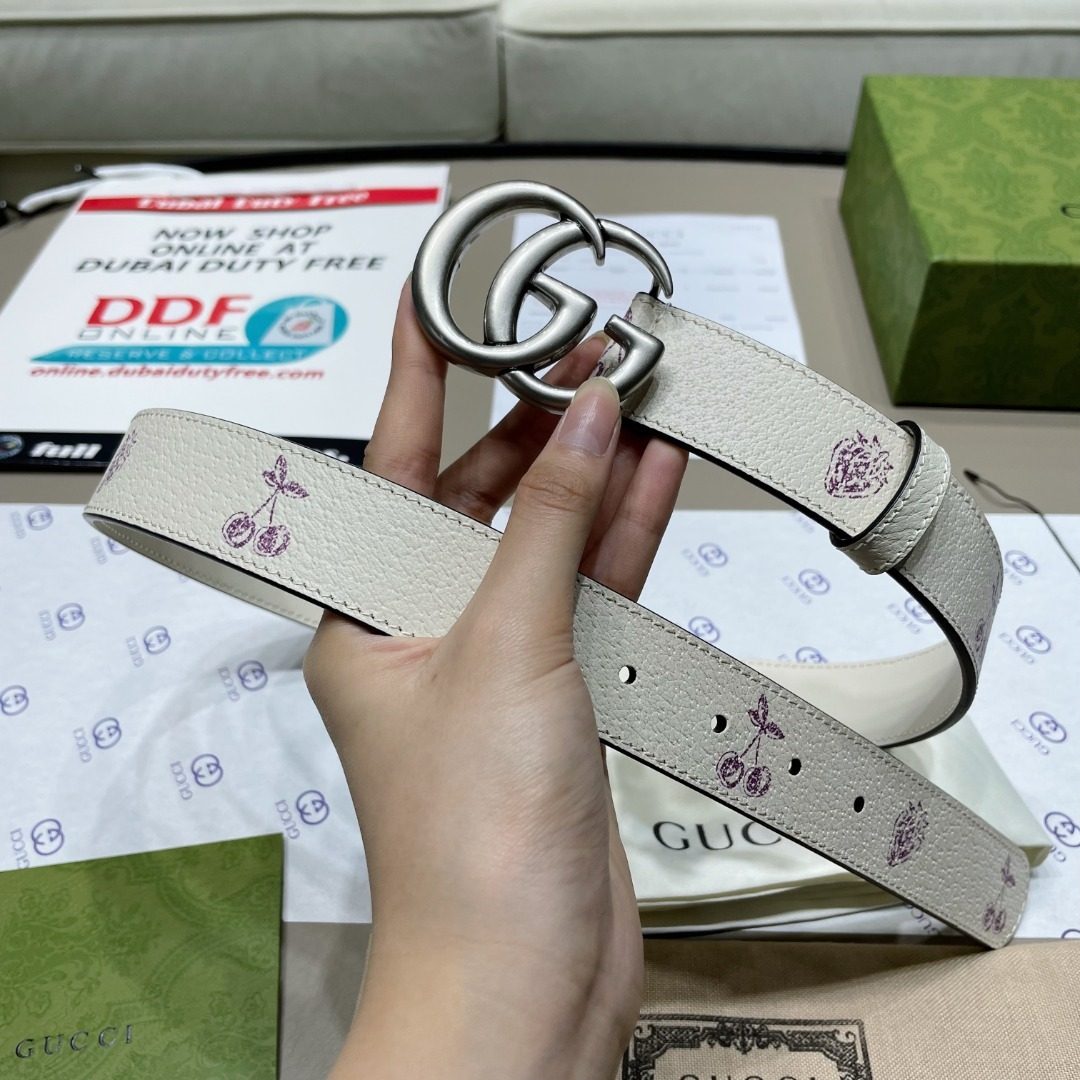 Gucci Cherry Print Leather Belt with Double G Buckle