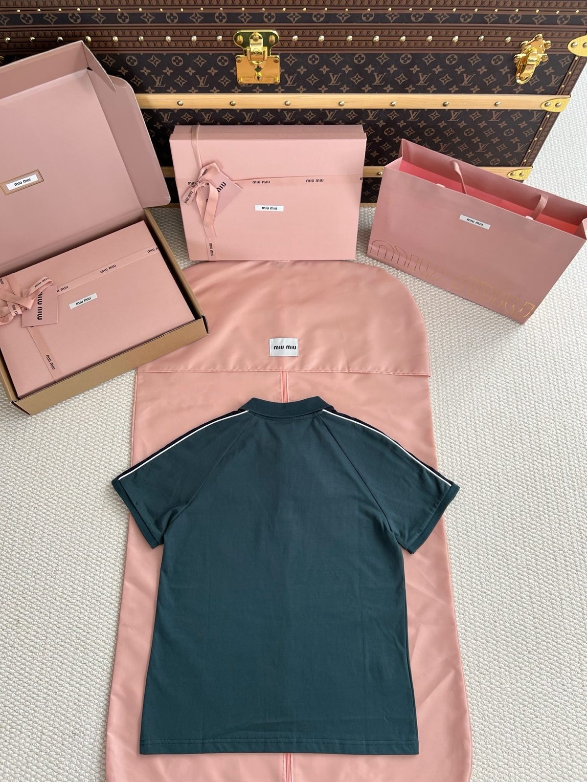 Miu Miu Navy Polo Shirt with Stripe Detail