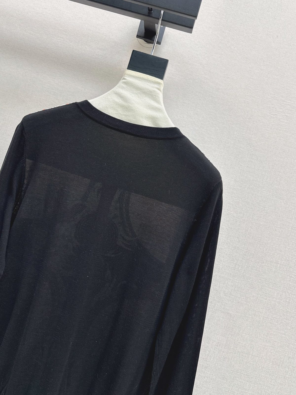Black Cashmere Crewneck Sweater with Cream Collar