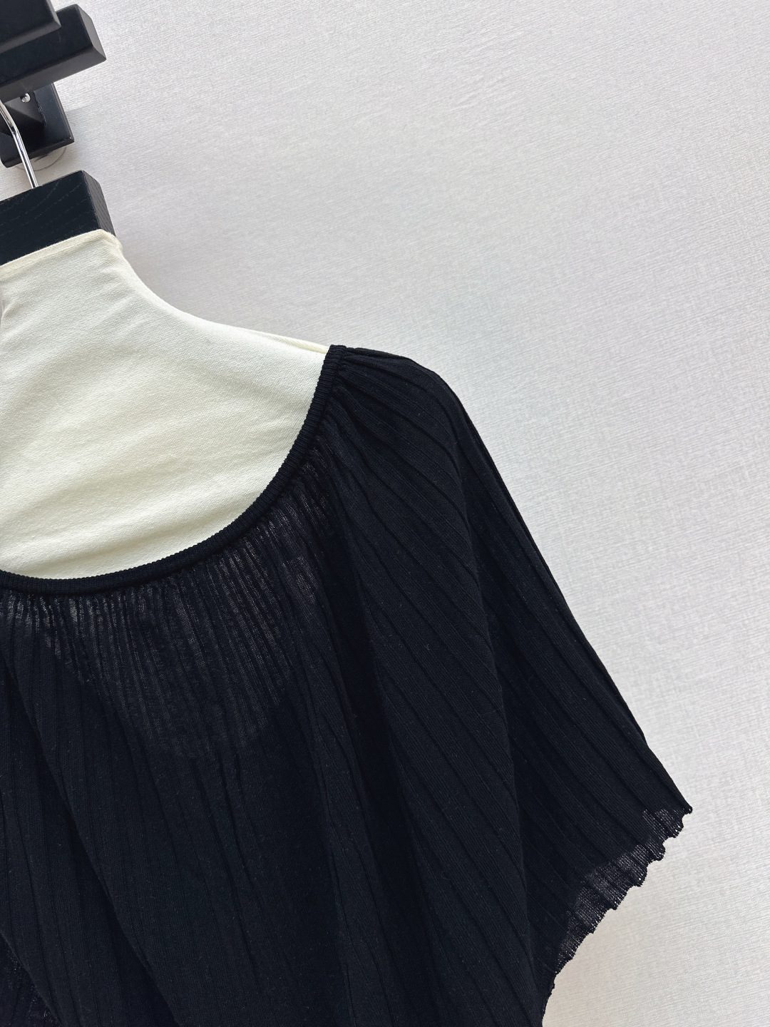 Black Ribbed Knit Sweater with Cream Collar