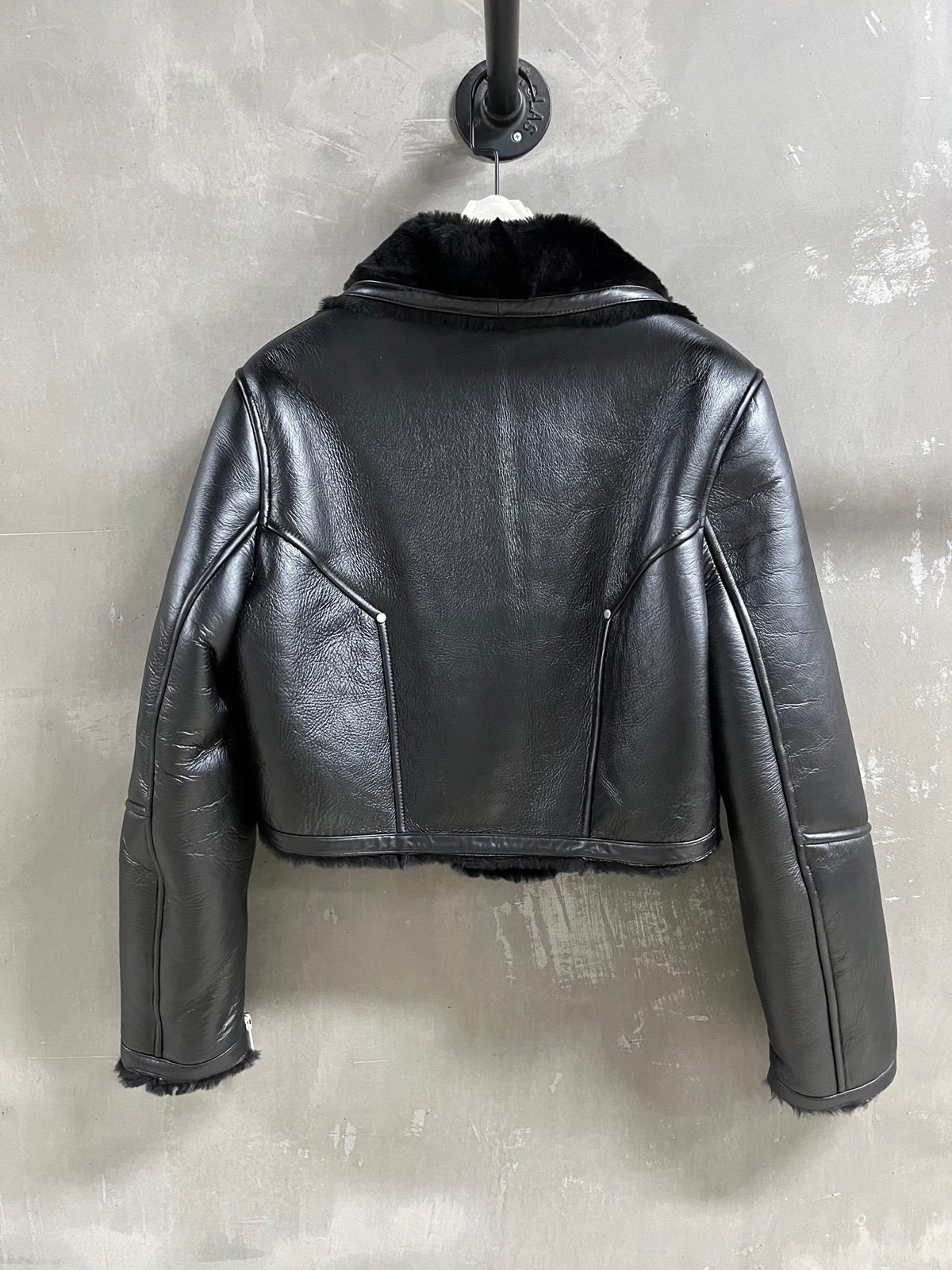 Black Leather Cropped Jacket with Fur Collar