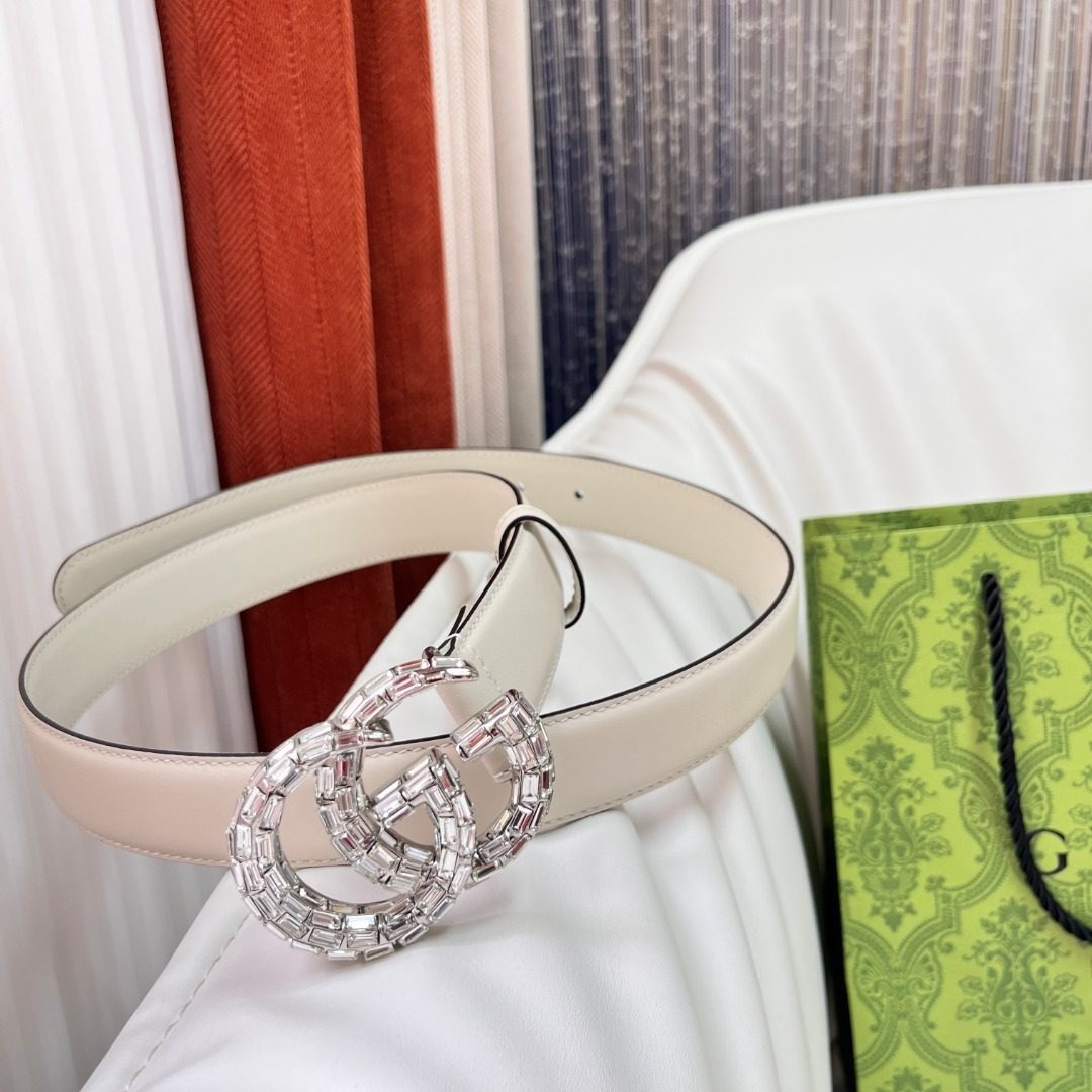Gucci Crystal GG Buckle White Leather Belt