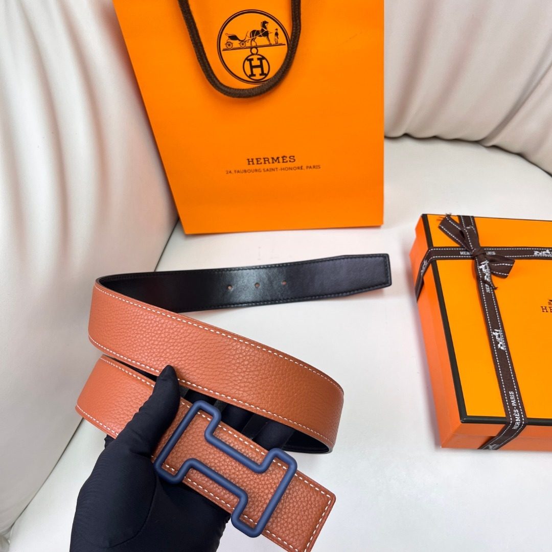 Hermès Clemence Leather Belt with Blue Buckle