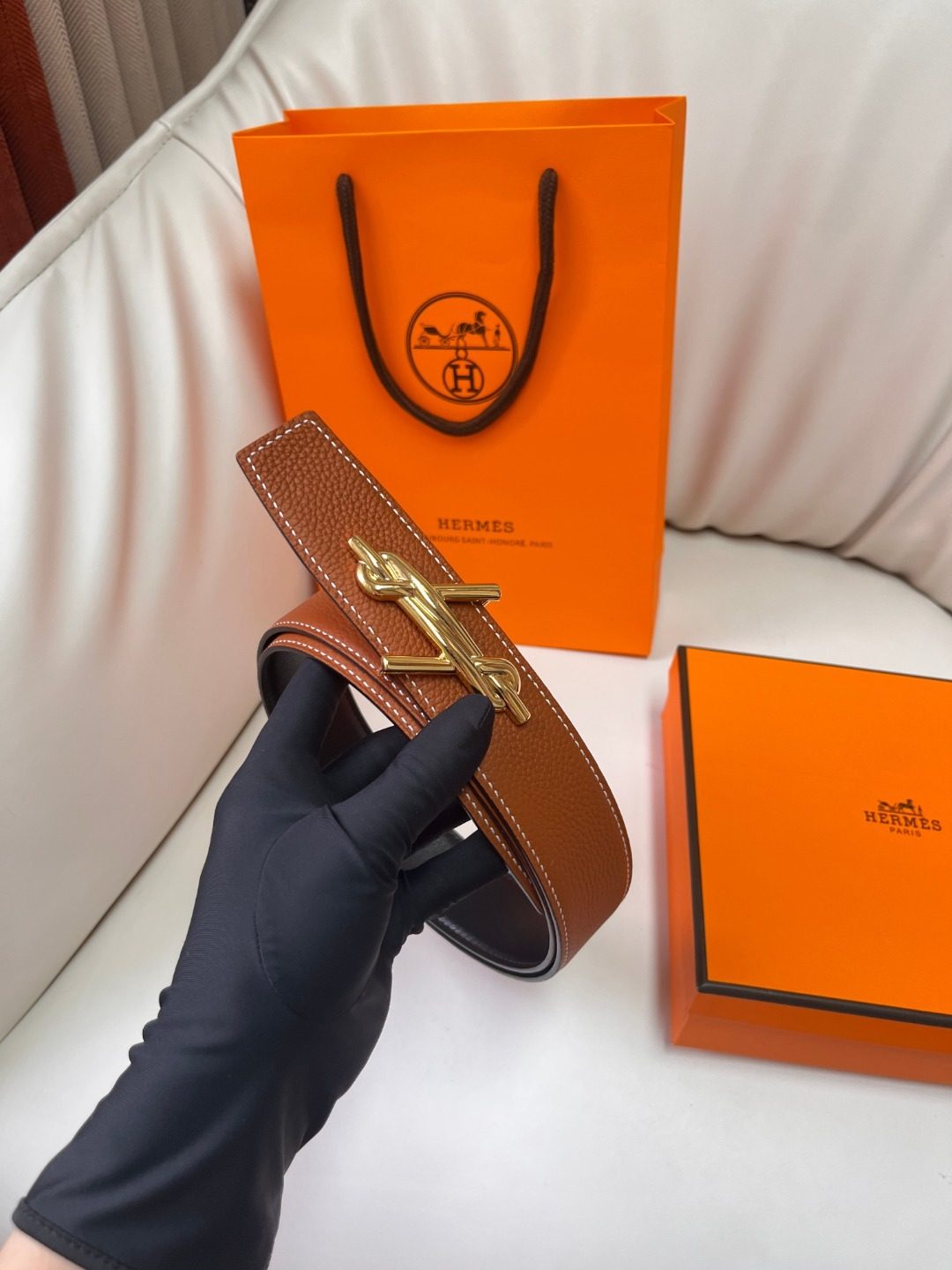 Hermès Reversible Leather Belt with Gold Buckle
