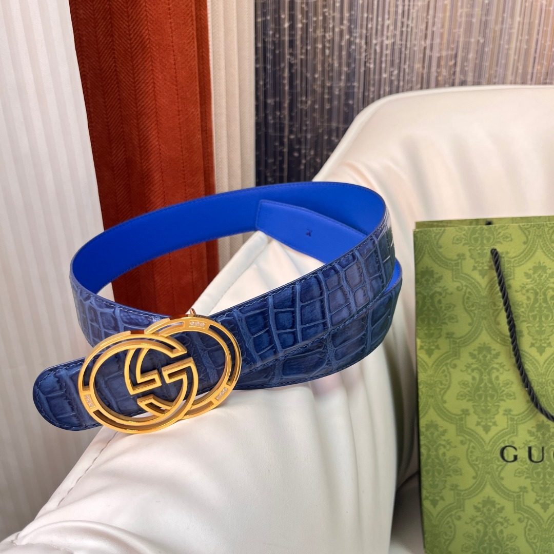 Gucci GG Crocodile Leather Belt Blue