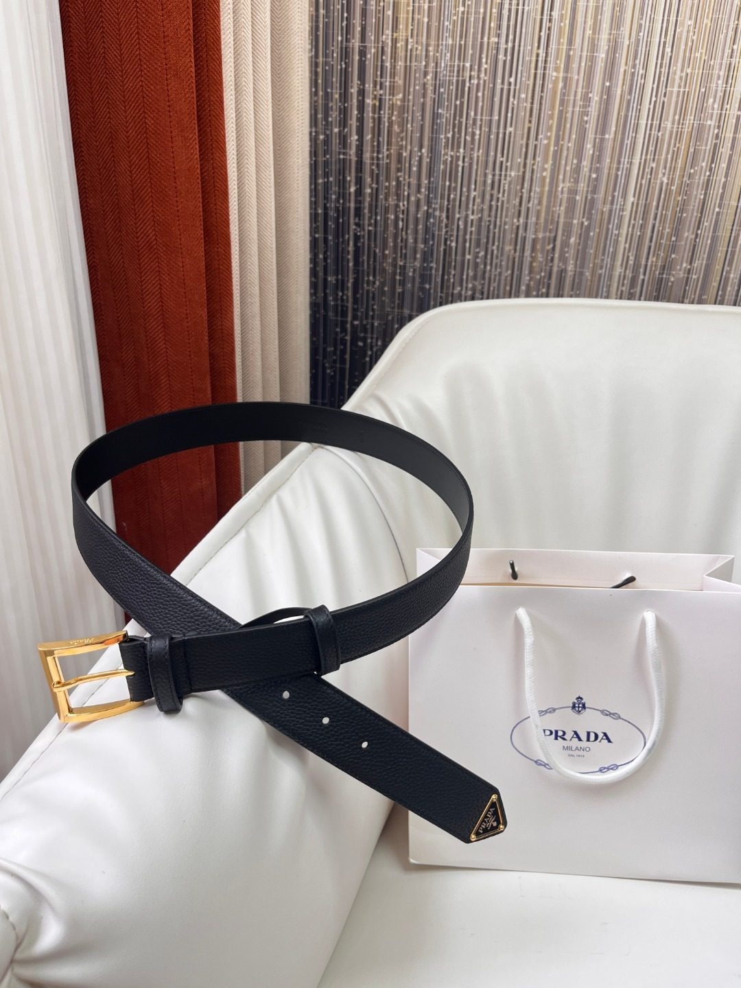 Prada Black Leather Belt with Gold Buckle