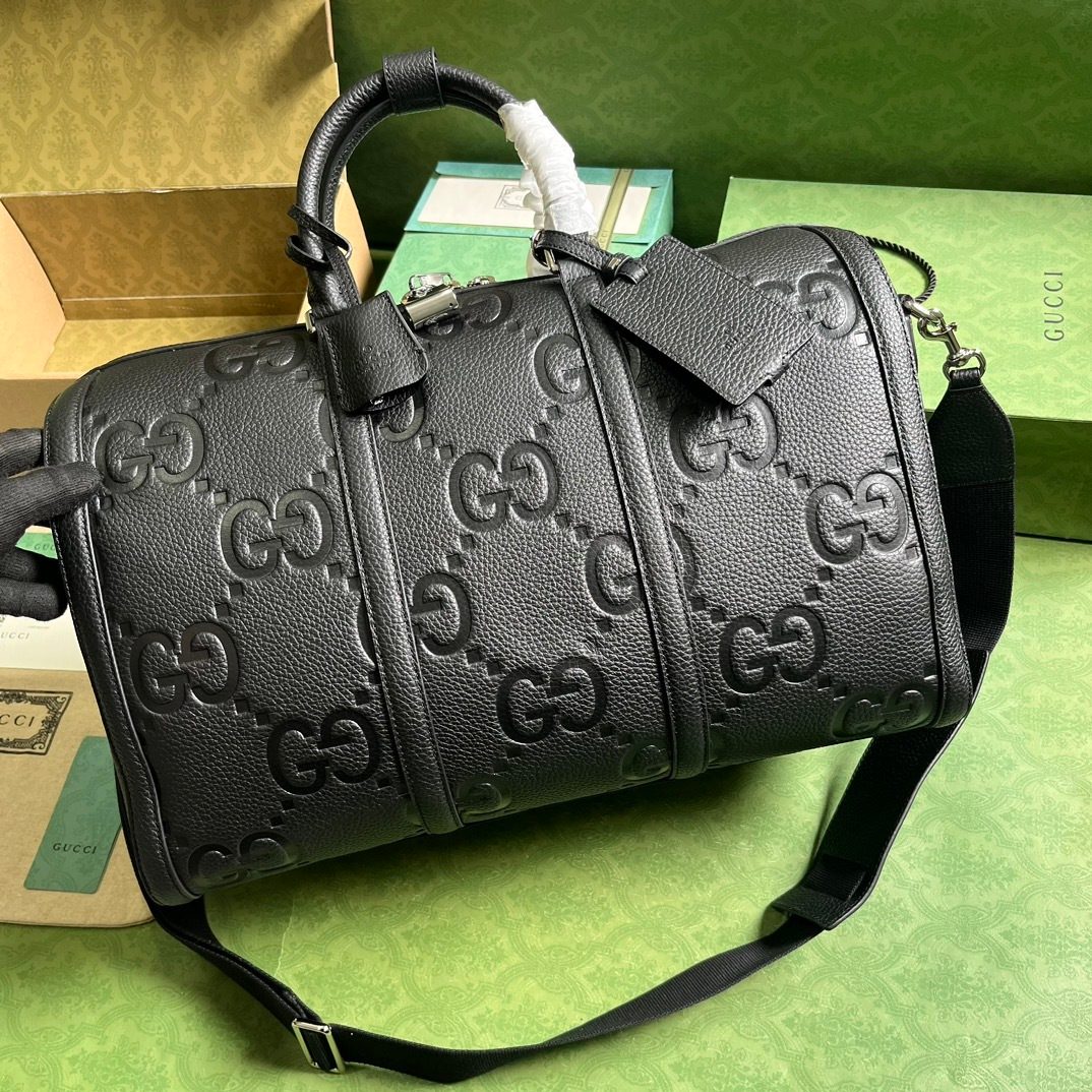 Gucci GG Embossed Black Leather Duffel Bag