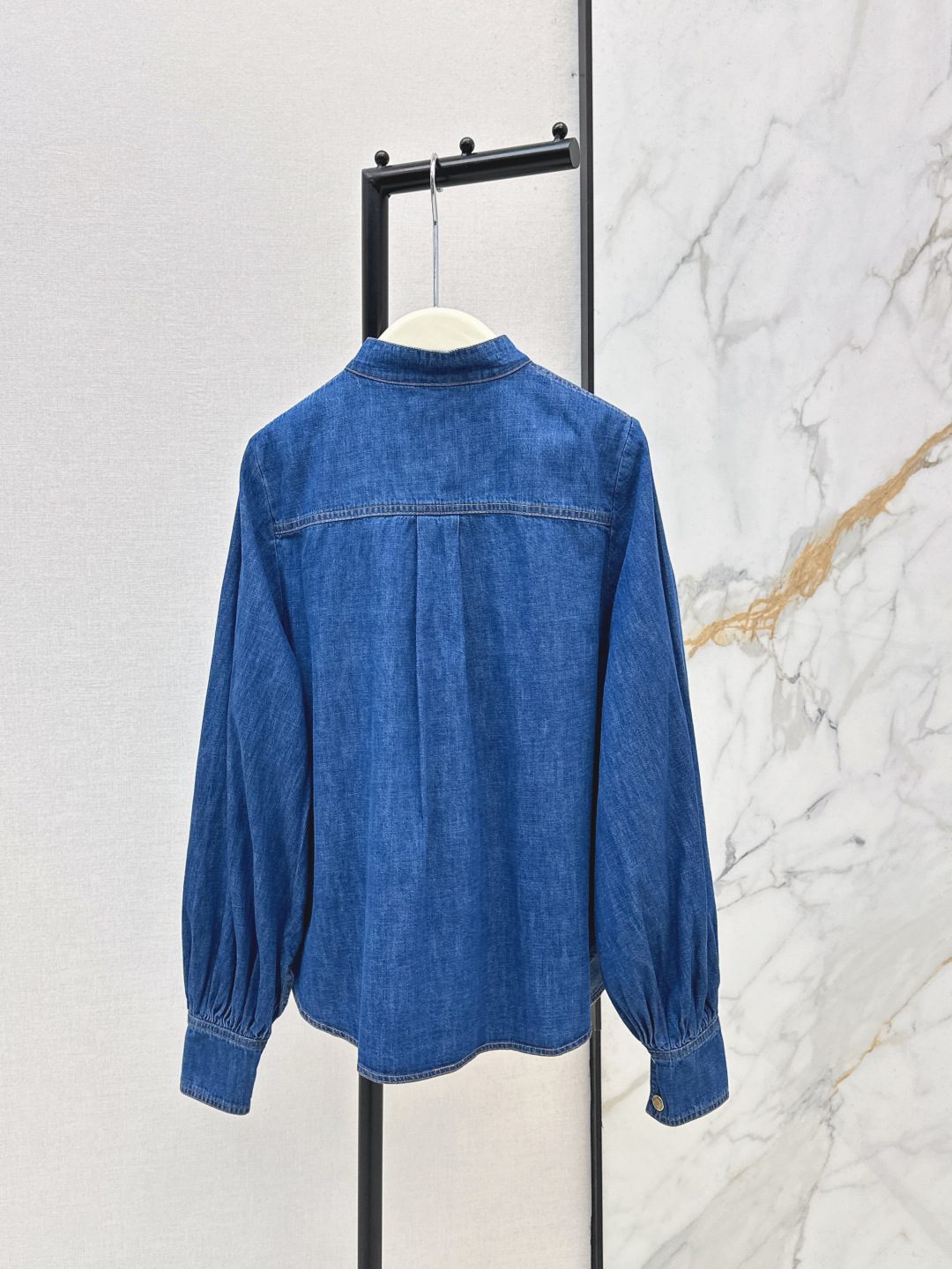 Italian Cotton Denim Ruffle Button-Up Shirt