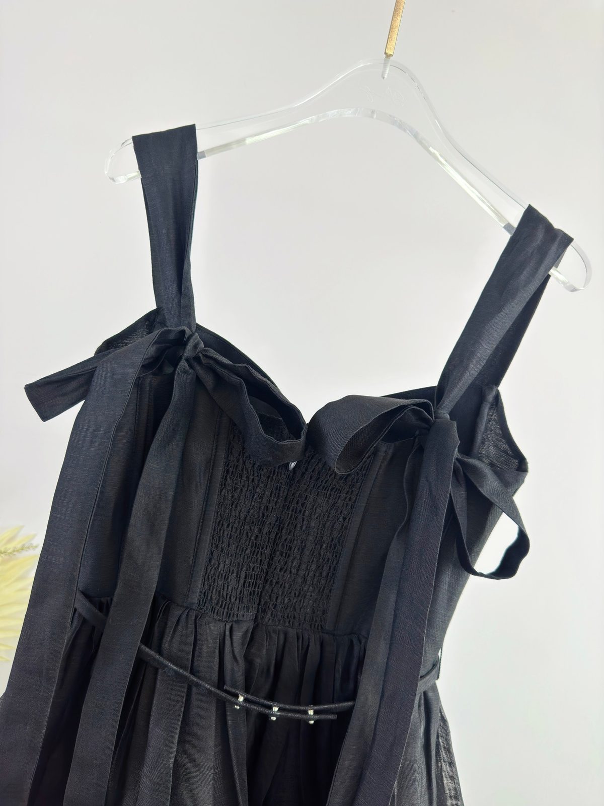Black Linen Silk Midi Dress with Tie Straps