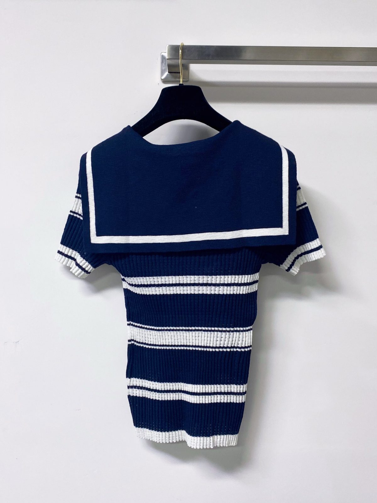 Navy and White Striped Ribbed Knit Sweater